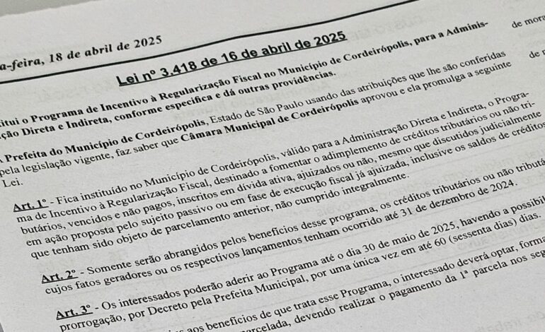 Contribuintes de Cordeirópolis podem regularizar dívidas com até 100% de desconto em juros